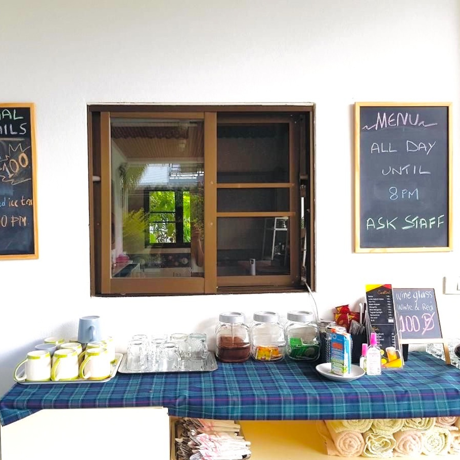 The drinks station and chalkboard menu at Lyndale Lodge, with an all-day menu served until 8pm